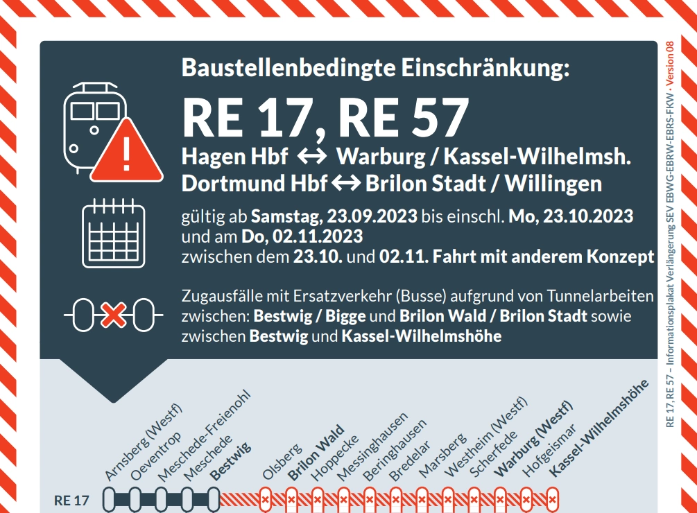 Einschränkungen weiterhin auf den Regionalbahnlinien RE17 und RE57. Plakatauschnitt von Bauinfos Deutsche Bahn