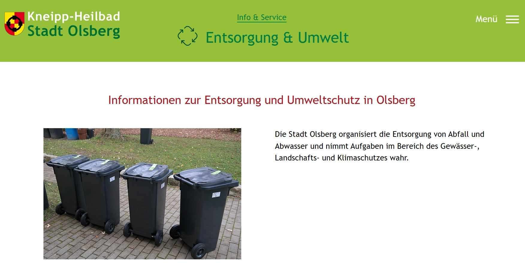 Screenshot der Internetseite der Stadt Olsberg. Auf olsberg.de im Bereich Entsorgung und Umwelt lässt sich der Abfallkalender laden.