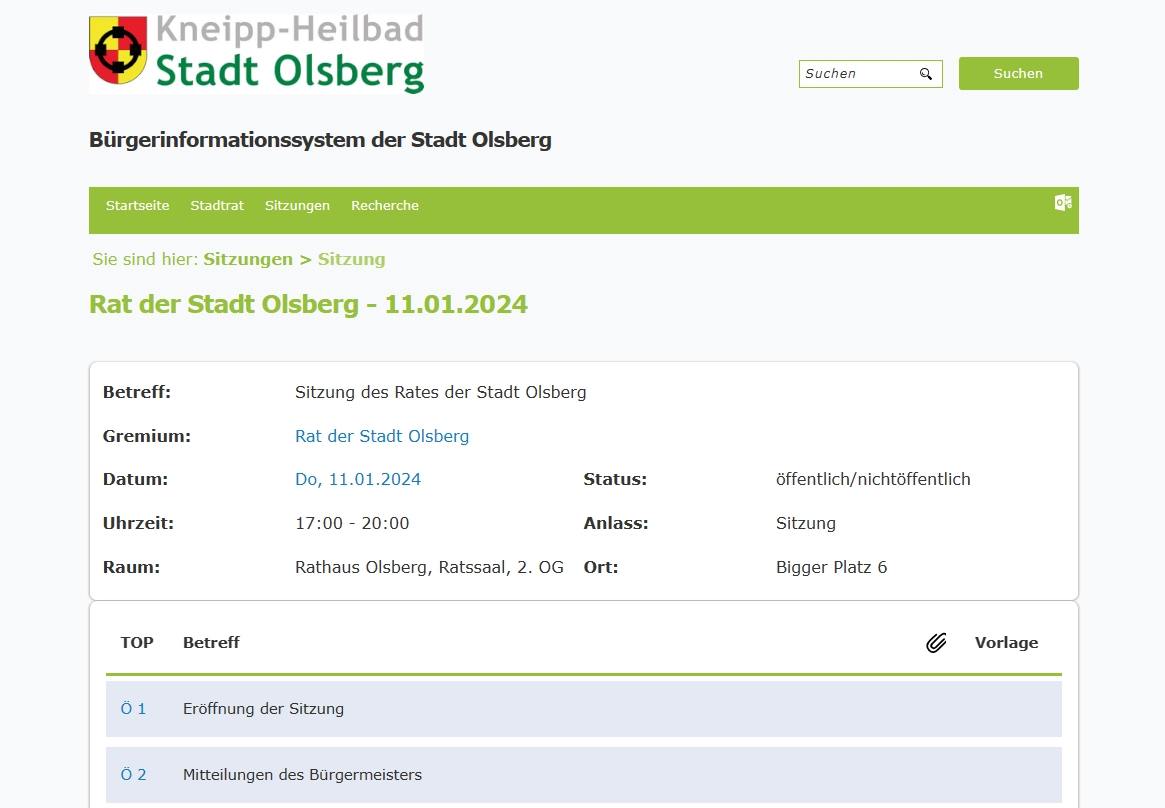 Rattsitzung am 11.1.2024. Bildschirmfoto aus dem Ratsinformationssystem der Stadt Olsberg