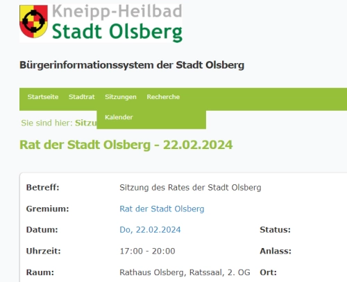Stadtratssitzung am 22.2.2024. Screenshot olsberg.de