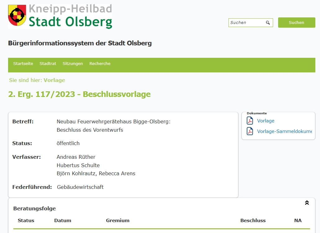 Der Vorentwurf zum Neubau des Feuerwehrhauses Bigge-Olsberg soll beschlossen werden. Screenshot: Ratsinformationssystem olsberg.de