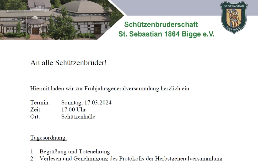 Schützenbruderschaft Bigge: Frühjahrsgeneralversammlung am 17.03.24