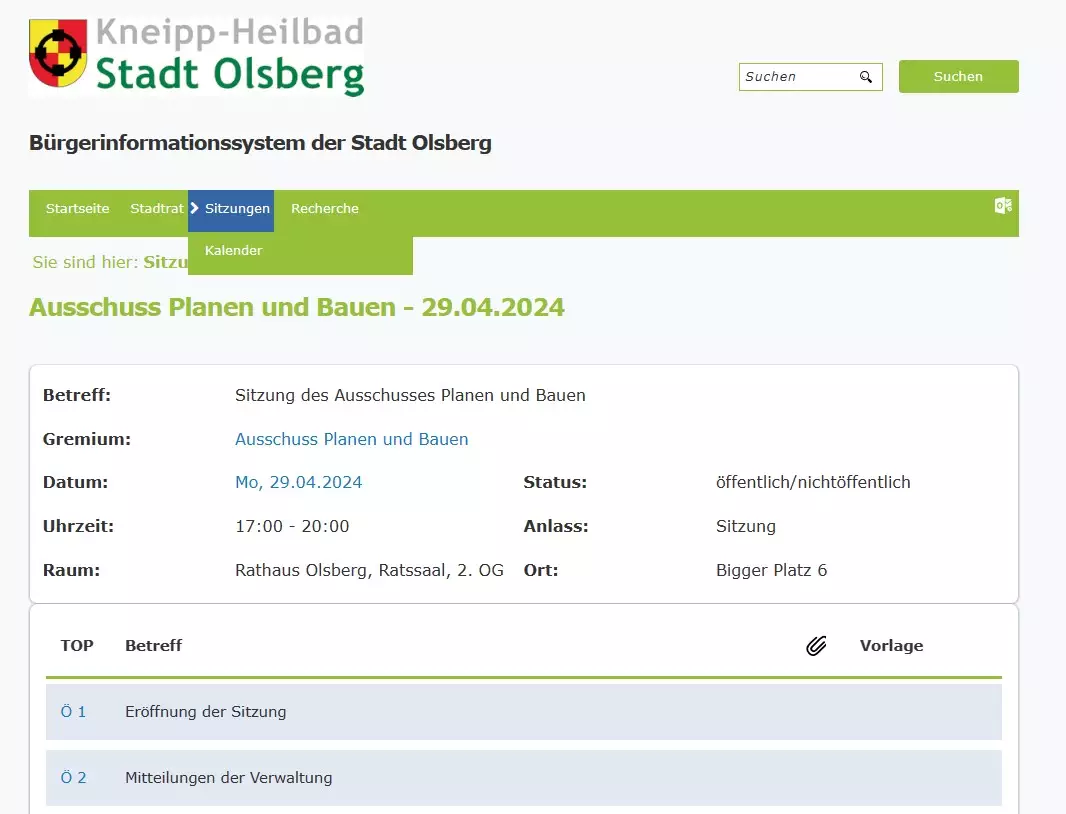 Ausschuss-Sitzung am 29.4.24. Informationen gibt es im Ratsinformationssystem auf olsberg.de.